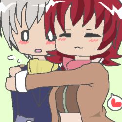 Rule 34 | 1boy, 1girl, blush, breasts, closed eyes, grey hair, heart, iria animi, jacket, lowres, open mouth, red hair, ruca milda, scarf, short hair, tales of (series), tales of innocence