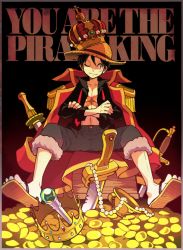 Rule 34 | 1boy, black shirt, capri pants, coin, crossed arms, crown, denim, english text, engrish text, epaulettes, fur trim, gem, gold, hat, heri (azame), jacket, jacket on shoulders, jeans, jewelry, king, long coat, male focus, monkey d. luffy, necklace, necktie, one eye closed, one piece, open clothes, open shirt, pants, pearl (gemstone), pearl necklace, ranguage, red jacket, red neckwear, sandals, scar, scepter, shirt, sitting, spread legs, stitches, straw hat, sword, throne, treasure, weapon, wink