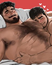 Rule 34 | 2boys, :s, abs, arm hair, armpit hair, armpit peek, bara, beard, bed sheet, blush, chest hair, completely nude, couple, dopey (dopq), facial hair, glasses, hairy, highres, hug, large pectorals, lying, male focus, mature male, multiple boys, muscular, muscular male, mustache, naked sheet, navel hair, nipples, nude, on back, on bed, original, pectoral pillow, pectoral press, pectorals, round eyewear, short hair, stomach, stubble, thick eyebrows, yaoi