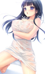 Rule 34 | 1girl, :o, bad id, bad pixiv id, bare arms, black hair, blue eyes, blush, breasts, covered erect nipples, female focus, highres, large breasts, long hair, momoi komomo, open mouth, original, see-through, simple background, sleeveless, solo, wet, wet clothes, white background