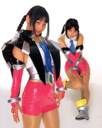Rule 34 | 1girl, asian, bare shoulders, black hair, braid, bridal gauntlets, cosplay, high heels, highres, japanese (nationality), long hair, looking at viewer, miniskirt, mirei (virus buster serge), model request, pantyhose, pencil skirt, photo (medium), shoes, simple background, skirt, smile, solo, source request, twin braids, virus buster serge, white background