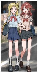 2girls artist_name bag black_footwear black_skirt blonde_hair blue_bag blue_skirt bocchi_the_rock! bow bowtie brown_footwear brown_sailor_collar closed_eyes collared_shirt dress_shirt highres ijichi_nijika kita_ikuyo loafers locked_arms long_hair looking_at_another multiple_girls one_side_up open_mouth outdoors pleated_skirt red_bow red_bowtie red_hair sailor_collar school_uniform scripco shimokitazawa_high_school_uniform shirt shirt_tucked_in shoes shoulder_bag shuka_high_school_uniform side_ponytail sidelocks skirt socks very_long_hair white_shirt white_socks