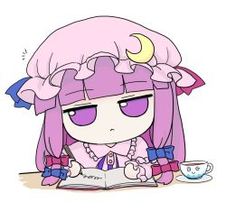 Rule 34 | 1girl, :&lt;, capelet, character doll, coffee cup, crescent, crescent hat ornament, crescent pin, cup, disposable cup, dress, fumo (doll), hat, hat ornament, long dress, long hair, mob cap, nejikirio (style), notebook, patchouli knowledge, pencil, purple eyes, purple hair, rei (tonbo0430), serious, simple background, solo, striped clothes, striped dress, teacup, touhou, vertical-striped clothes, vertical-striped dress, very long hair, white background, writing