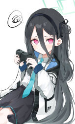 Rule 34 | &lt;key&gt; (blue archive), 1girl, absurdly long hair, absurdres, black hair, black skirt, blue archive, blue necktie, blush, collared shirt, controller, game controller, green halo, halo, highres, holding, holding controller, holding game controller, jacket, long hair, long sleeves, looking at viewer, necktie, noko (nco029685627), open clothes, open jacket, open mouth, pleated skirt, red eyes, shirt, simple background, skirt, solo, squiggle, very long hair, white background, white jacket, white shirt