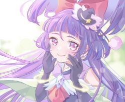 Rule 34 | 1girl, blush, bow, cure magical, diamond-shaped brooch, earrings, gloves, hair bow, hair ornament, hands on own cheeks, hands on own face, hat, highres, izayoi liko, jewelry, lilylily0601, long hair, looking at viewer, magical girl, mahou girls precure!, mini hat, mini witch hat, pink eyes, pom pom (clothes), pom pom hair ornament, precure, purple hair, red bow, simple background, smile, solo, witch hat
