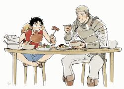 Rule 34 | 2boys, :t, armor, black hair, blue shorts, boned meat, boots, bowl, bowl stack, commentary, crossed legs, crossover, cup, dam (okdam3), dungeon meshi, eating, english commentary, eye contact, flip-flops, food, fork, grey hair, grey pants, grin, hat, highres, holding, holding food, holding fork, holding spoon, laio, looking at another, male focus, meat, monkey d. luffy, mug, multiple boys, one piece, pants, plate armor, red shirt, sandals, sausage, shirt, short hair, shorts, sideways glance, sitting, sleeveless, sleeveless shirt, smile, soup, spoon, stool, straw hat, table, unworn hat, unworn headwear, wooden table