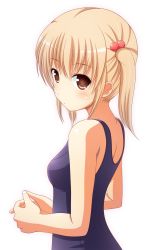 Rule 34 | 1girl, bad id, bare arms, blonde hair, blush, breasts, brown eyes, from side, hair bobbles, hair ornament, highres, ki (kk-sk-ray), long hair, looking at viewer, looking to the side, medium breasts, one-piece swimsuit, original, school swimsuit, simple background, solo, swimsuit, twintails, upper body, white background