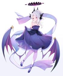 Rule 34 | 1girl, bare shoulders, black halo, black horns, black ribbon, blue archive, blush, breasts, commentary request, dangle earrings, demon horns, demon wings, dress, earrings, elbow gloves, gem, gloves, halo, highres, hina (blue archive), hina (dress) (blue archive), horns, jewelry, long hair, multiple horns, necklace, official alternate costume, official alternate hairstyle, pantyhose, pearl anklet, pearl necklace, pendant, pink eyes, pink halo, pink pantyhose, purple dress, purple footwear, purple gemstone, purple wings, ribbon, shawl, shirt hold, simple background, small breasts, solo, strapless, strapless dress, white background, white hair, white shawl, wings, yenkoes