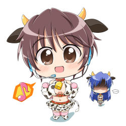 Rule 34 | ..., 2girls, animal ears, animal print, bell, blue hair, blush, breast envy, brown eyes, brown hair, chibi, collar, cosplay, cow ears, cow horns, cow print, cow tail, cowbell, gloves, headset, horns, idolmaster, idolmaster (classic), idolmaster cinderella girls, in-franchise crossover, kisaragi chihaya, midriff, multiple girls, musical note, navel, neck bell, no eyes, oikawa shizuku, oikawa shizuku (cosplay), open mouth, quaver, shaded face, simple background, skirt, smile, speech bubble, spoken ellipsis, spoken musical note, tail, wagomu17, white background