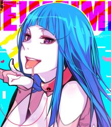 Rule 34 | 1girl, :d, blue hair, bodysuit, collar, curryuku, drooling, heart, image sample, long hair, looking at viewer, me!me!me!, meme (me!me!me!), open mouth, pale skin, purple eyes, saliva, smile, tongue, tongue out