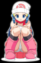 Rule 34 | 1girl, beanie, black background, blue eyes, blue hair, boots, creatures (company), dawn (pokemon), full body, gambler club, game freak, hat, long hair, matching hair/eyes, nintendo, panties, pantyshot, pink footwear, pokemon, pokemon (anime), pokemon dppt (anime), red scarf, scarf, simple background, smile, solo, squatting, underwear