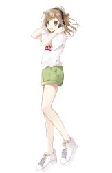 Rule 34 | 1girl, :d, absurdres, bad id, bad pixiv id, blush, brown eyes, brown hair, green shorts, hachimitsu honey, hands on headphones, hands up, headphones, highres, looking away, open mouth, original, shirt, shoes, short shorts, short sleeves, shorts, simple background, smile, solo, standing, standing on one leg, swept bangs, white background, white footwear, white shirt