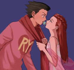 Rule 34 | 1boy, 1girl, ace attorney, black hair, blue background, blue eyes, braid, brown hair, closed mouth, clothes pull, dahlia hawthorne, dress, eye contact, from side, heart, heart necklace, hetero, indirect kiss, jewelry, long hair, long sleeves, looking at another, necklace, phoenix wright, pink shawl, pink sweater, profile, red hair, red scarf, renshu usodayo, scarf, scarf pull, shawl, short hair, simple background, smile, spiked hair, sweater, white dress