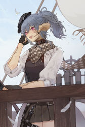 Rule 34 | 1girl, au ra, black gloves, black headwear, black shirt, black skirt, blue hair, boat, checkered clothes, checkered scarf, commentary, cowboy shot, falling feathers, feathers, final fantasy, final fantasy xiv, fingerless gloves, gloves, horns, huizhoumao, jacket, long hair, open mouth, outdoors, pink eyes, pleated skirt, ponytail, scales, scarf, shirt, skirt, smile, solo, teeth, upper teeth only, warrior of light (ff14), watercraft, white jacket