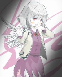 Rule 34 | 1girl, blush, covering own mouth, dress, hand over own mouth, kishin sagume, red eyes, silver hair, single wing, solo, touhou, wings, yuuhikyou
