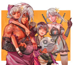 Rule 34 | 2boys, armor, bandages, carrying, child carry, dress, emil (nier), eyepatch, closed eyes, father and daughter, flower, gloves, hair flower, hair ornament, kaine (nier), lingerie, mary janes, multiple boys, multiple girls, negligee, nier, nier (old), nier (series), piggyback, shoes, short hair, smile, underwear, wenq, white hair, yonah