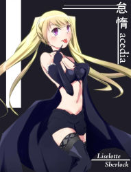 Rule 34 | 1girl, blonde hair, boots, elbow gloves, gloves, highres, lieselotte sherlock, mayple3bitter, purple eyes, thigh boots, thighhighs, trinity seven, twintails