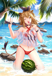 Rule 34 | 1girl, animal ears, arknights, bare shoulders, baseball bat, beach, bikini, bikini under clothes, black choker, black nails, black ribbon, blue sky, brown eyes, brown hair, candy, chinese commentary, choker, cloud, commentary request, criss-cross halter, crop top, crop top overhang, day, food, fruit, hair ribbon, halterneck, hands up, holding, holding baseball bat, holding food, kneeling, lion ears, lion tail, lollipop, long hair, looking at viewer, nail polish, navel, ocean, off-shoulder shirt, off shoulder, one eye closed, red bikini, ribbon, rock, ryuu32, see-through, shirt, short sleeves, siege (arknights), sky, solo, stomach, swimsuit, tail, thighs, tongue, tongue out, water, watermelon, wet, wet clothes, wet shirt