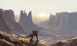 Rule 34 | armored core, canyon, cliff, cloud, dawn, desert, fog, from software, grass, landscape, light, mecha, mozuo, no humans, outdoors, realistic, robot, scenery, sky, sun, sunrise, sunset, valley