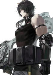 Rule 34 | 1boy, animal ears, arknights, armband, bare shoulders, belt, belt pouch, black gloves, black hair, black shirt, broca (arknights), clenched hands, closed mouth, from side, gloves, goggles, goggles around neck, holding, holding weapon, male focus, medium hair, muscular, muscular male, pouch, profile, shirt, simple background, solo, wasabi60, weapon, white background