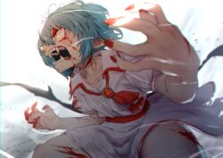 Rule 34 | 1girl, absurdres, ascot, bat wings, blood, blood on face, blue hair, claws, commentary request, fangs, highres, light blue hair, looking at viewer, red ascot, red eyes, red nails, remilia scarlet, shirt, short hair, skirt, solo, sotatsudraw, touhou, white background, white shirt, white skirt, wings