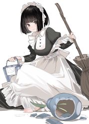 Rule 34 | 1girl, apron, black dress, black hair, blush, breasts, broken, broken vase, broom, bucket, closed mouth, collared dress, commentary request, commission, dress, flower, frilled hairband, frills, hairband, highres, holding, holding broom, holding bucket, juliet sleeves, kneeling, long sleeves, maid, maid apron, medium breasts, meido-fuku ga mitai, original, puffy sleeves, short hair, simple background, skeb commission, solo, tulip, vase, victorian maid, water, white background