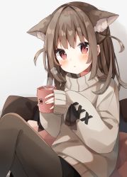 Rule 34 | 1girl, animal ear fluff, animal ears, black pantyhose, blush, brown hair, cat ears, cat girl, commentary request, cross-laced clothes, cross-laced sleeves, cup, eyes visible through hair, hands up, heripiro, highres, holding, holding cup, long hair, long sleeves, looking at viewer, original, pantyhose, parted lips, red eyes, simple background, sleeves past wrists, solo, steam, sweater, two side up, white background, white sweater