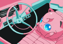 Rule 34 | absurdres, aqua eyes, car interior, closed mouth, commentary, creatures (company), game freak, gen 1 pokemon, highres, jigglypuff, looking at viewer, nintendo, no humans, pokemon, pokemon (creature), saiku (zvlku), sitting, smile, solo, steering wheel