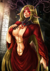 Rule 34 | 1girl, absurdres, blonde hair, bluewolfartista, breasts, character request, claws, deer, demon horns, evil smile, extra eyes, fingernails, highres, horns, large breasts, long fingernails, long hair, mature female, monster girl, no pupils, red eyes, scp-4231, scp-4231-a, scp foundation, smile, speedpaint, very long fingernails, very long hair
