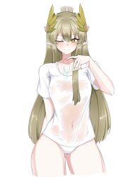 1girl ;) absurdres arknights blush bright_pupils closed_mouth commentary_request cowboy_shot cropped_legs cup drinking_glass gluteal_fold green_hair hair_ornament highres holding holding_cup long_hair looking_at_viewer muelsyse_(arknights) navel no_bra no_pants one_eye_closed panties plume_(prun1541) pouring pouring_onto_self see-through_clothes shirt short_sleeves simple_background smile solo underwear very_long_hair water wet wet_clothes wet_shirt white_background white_panties white_shirt yellow_eyes