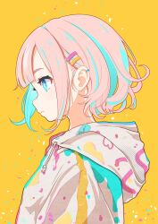 Rule 34 | 1girl, aqua hair, bob cut, copyright request, expressionless, highres, hood, hoodie, multicolored hair, paint splatter, parted lips, pink hair, profile, quinoko, short hair, solo, two-tone hair, upper body, yellow background