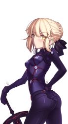 Rule 34 | 1girl, absurdres, artoria pendragon (fate), ass, blonde hair, blush, blush stickers, boa (brianoa), bodysuit, braid, breasts, closed mouth, cosplay, cowboy shot, cropped legs, fate/stay night, fate (series), from side, gloves, hair between eyes, hand on own hip, highres, holding, holding sword, holding weapon, looking at viewer, multicolored bodysuit, multicolored clothes, neon genesis evangelion, plugsuit, rebuild of evangelion, short hair, solo, souryuu asuka langley (cosplay), sword, test plugsuit, transparent background, type-moon, weapon, yellow eyes