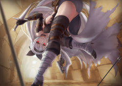 Rule 34 | 1girl, absurdres, armor, arrow (projectile), ass, bandages, bare shoulders, belt, bent over, black bow, black footwear, boots, bow, breasts, choker, commentary request, cross, cross earrings, dagger, dhfan, dual wielding, earrings, floating hair, from behind, girls&#039; frontline, gloves, gun, gunblade, hair between eyes, hair bow, hairband, handgun, high heel boots, high heels, highres, holding, holding dagger, holding gun, holding knife, holding weapon, indoors, jewelry, knife, long hair, looking at viewer, looking back, pistol, pouch, pussy, pussy peek, red eyes, running, silver hair, solo, thighhighs, tokarev (girls&#039; frontline), tokarev (griffin&#039;s dancer) (girls&#039; frontline), tokarev tt-33, very long hair, weapon