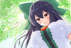 Rule 34 | 1girl, black hair, blouse, blush, bow, breasts, commentary request, from below, green bow, hair bow, highres, lap pillow, lap pov, large breasts, long hair, looking at viewer, o1118, open mouth, puffy short sleeves, puffy sleeves, red eyes, reiuji utsuho, shirt, short sleeves, smile, solo, third eye, touhou, tree, upper body, white shirt