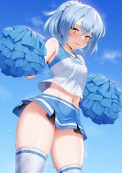 Rule 34 | 1other, arms up, bare shoulders, blue hair, blue skirt, blue sky, blue theme, blush, breasts, cheerleader, covered erect nipples, crossed bangs, embarrassed, eyelashes, hair between eyes, highres, holding, holding pom poms, light blue hair, long hair, looking at viewer, m-da s-tarou, microskirt, midriff, miniskirt, navel, open mouth, outdoors, pleated skirt, pom pom (cheerleading), pom poms, ponytail, rimuru tempest, shiny skin, shirt, skirt, sky, sleeveless, small breasts, solo, sweat, tensei shitara slime datta ken, thighs, white shirt, yellow eyes