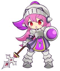 Rule 34 | 1girl, :o, absurdres, armor, armored dress, blush stickers, boots, chibi, chiquita (puyopuyo), full body, gloves, gradient hair, greaves, helmet, highres, knee boots, knight, kokoru (pixiv), long hair, multicolored hair, official style, pink hair, polearm, ponytail, purple hair, puyopuyo, puyopuyo quest, red eyes, shield, skirt, solo, spear, standing, tabard, weapon, white background