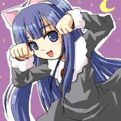 Rule 34 | 00s, 1girl, animal ears, arms up, black dress, blue eyes, blue hair, blush, cat ears, child, collar, crescent moon, dress, fake animal ears, hairband, hazuki (tsukuyomi), long sleeves, looking at viewer, lowres, matching hair/eyes, moon, oekaki, open mouth, paw pose, purple background, simple background, smile, solo, tsukuyomi moonphase, upper body