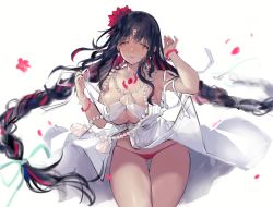 Rule 34 | 1girl, absurdres, armpits, bandeau, bare shoulders, bikini, black hair, blush, bracelet, breasts, chest tattoo, cleavage, closed mouth, facial mark, falling petals, fate (series), forehead mark, forehead tattoo, highres, huge filesize, iiiroha, jewelry, looking at viewer, multicolored hair, nail polish, necklace, pearl bracelet, pearl necklace, petals, pink bikini, pink lips, sarong, sessyoin kiara, sessyoin kiara (swimsuit mooncancer), sessyoin kiara (swimsuit mooncancer) (first ascension), shell, shell necklace, smile, standing, strap lift, streaked hair, swimsuit, tattoo, thighs, underboob, wavy hair, white background, yellow eyes