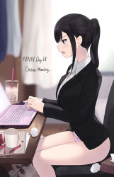 Rule 34 | 1girl, arched back, black hair, black jacket, blazer, blurry, blurry background, breasts, bubble tea, cait aron, collared shirt, commentary, computer, cup, curtains, day, disposable cup, dress shirt, drinking straw, english text, from side, highres, indoors, jacket, laptop, no nut november, no pants, on chair, open mouth, original, panties, pink panties, ponytail, profile, shirt, sitting, solo, sunlight, thighs, underwear, white shirt