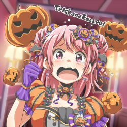 Rule 34 | 1girl, bang dream!, black bow, black bowtie, bow, bowtie, candy, candy earrings, candy hair ornament, clenched hand, double bun, earrings, english text, flying sweatdrops, food, food-themed hair ornament, frilled sleeves, frills, ghost, gloves, hair bow, hair bun, hair ornament, hair ribbon, halloween, head wings, indoors, jack-o&#039;-lantern, jewelry, lollipop, maruyama aya, medium hair, orange ribbon, pink eyes, pink hair, polka dot neckwear, puffy sleeves, purple gloves, purple ribbon, riai (onsen), ribbon, scared, solo, tears, upper body, wavy mouth, wings