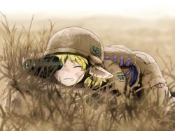 Rule 34 | 1girl, backpack, bag, black gloves, blonde hair, blurry, blurry background, clenched teeth, commentary request, day, dirty, dirty face, closed eyes, gloves, grass, grimace, helmet, khakis, lying, military, military uniform, mizuhashi parsee, mountainous horizon, on stomach, outdoors, pointy ears, shirosato, solo, spotting scope, teeth, touhou, uniform