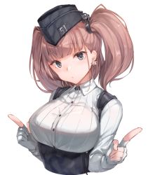 Rule 34 | 1girl, atlanta (kancolle), black hat, black skirt, breasts, brown hair, dress shirt, earrings, garrison cap, grey eyes, hat, high-waist skirt, index finger raised, jewelry, kantai collection, large breasts, long hair, long sleeves, looking at viewer, shirt, simple background, skirt, solo, star (symbol), star earrings, suspender skirt, suspenders, teroru, two side up, upper body, white background, white shirt