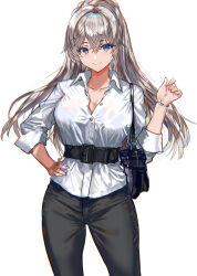 Rule 34 | 1girl, belt, black belt, black pants, blue eyes, blush, bracelet, breasts, closed mouth, collared shirt, commentary request, cowboy shot, crossed bangs, grey hair, hand on own hip, hand up, highres, jewelry, large breasts, long hair, long sleeves, looking at viewer, original, pants, ponytail, ran&#039;ou (tamago no kimi), shirt, simple background, smile, solo, white background, white shirt