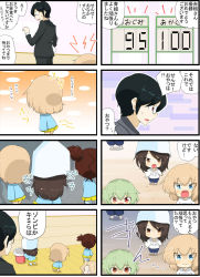 Rule 34 | 1boy, 4koma, 5girls, :d, :|, aged down, alternate hairstyle, anchovy (girls und panzer), black-framed eyewear, black hair, blonde hair, blue eyes, blue headwear, blue shirt, blue shorts, brown eyes, brown hair, closed eyes, closed mouth, comic, day, expressionless, fang, fume, girls und panzer, glasses, green hair, gym uniform, hair tie, highres, indoors, jinguu (4839ms), katyusha (girls und panzer), kay (girls und panzer), kindergarten uniform, long hair, long sleeves, looking at another, looking at viewer, mika (girls und panzer), mikko (girls und panzer), multiple 4koma, multiple girls, name tag, notice lines, opaque glasses, open mouth, outdoors, pleated skirt, rectangular eyewear, red eyes, red hair, shirt, short hair, short sleeves, short twintails, shorts, skirt, smile, standing, sweatdrop, t-shirt, translation request, tsuji renta, twintails, white shirt, yellow skirt