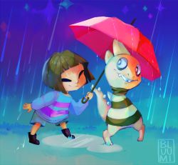 Rule 34 | 2others, bluumi, commentary, english commentary, closed eyes, facing another, frisk (undertale), holding, holding umbrella, monster kid (undertale), multiple others, rain, umbrella, undertale