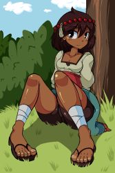 Rule 34 | 1girl, ajna (indivisible), ankle wrap, average-hanzo, beads, bike shorts, brown hair, commentary, dark-skinned female, dark skin, feet, hair ornament, indivisible, jaggy lines, jewelry, sandals, short hair, solo, toenails, toes