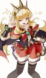 Rule 34 | 1girl, black thighhighs, blonde hair, book, cagliostro (granblue fantasy), cape, dress, granblue fantasy, highres, holding, holding book, jiu ye sang, long hair, one eye closed, open mouth, purple eyes, red dress, simple background, smile, solo, standing, thighhighs, vambraces, white background