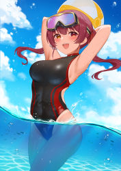 Rule 34 | 1girl, :d, armpits, arms behind head, arms up, arrow through heart, ball, bare shoulders, beachball, black one-piece swimsuit, blue sky, blush, breasts, caustics, clothing cutout, cloud, competition swimsuit, covered navel, cowboy shot, day, diving mask, diving mask on head, fish, floating hair, fukuro daizi, goggles, goggles on head, groin, hair between eyes, hair ribbon, heart, heterochromia, highleg, highleg swimsuit, highres, holding, holding ball, hololive, houshou marine, large breasts, long hair, looking at viewer, one-piece swimsuit, one-piece tan, open mouth, outdoors, partially submerged, partially underwater shot, red eyes, red hair, red ribbon, ribbon, side cutout, sky, smile, solo, standing, sunlight, swimsuit, tan, tanline, teeth, thighs, twintails, underwater, upper teeth only, virtual youtuber, wading, water, wet, yellow eyes