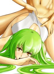 Rule 34 | 00s, 1boy, 1girl, ass, ass grab, c.c., clothed female nude male, clothed sex, clothing aside, code geass, doggystyle, green hair, hetero, highres, hyper heiki, long hair, nude, open mouth, sex, sex from behind, solo focus, sweat, swimsuit, swimsuit aside, taono kinoko, thighs, top-down bottom-up, vaginal, yellow eyes