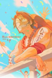 Rule 34 | 3boys, against railing, arm tattoo, bead necklace, beads, belt, blue sky, bracelet, brown belt, brown hair, closed eyes, cloud, confetti, dated, freckles, from below, grin, happy birthday, hat, highres, holding, holding clothes, holding hat, jewelry, monkey d. luffy, multiple boys, necklace, one piece, orange headwear, outstretched arms, portgas d. ace, railing, sabo (one piece), scar, scar on chest, short hair, sky, smile, solo focus, tattoo, tobu (bilibil), topless male